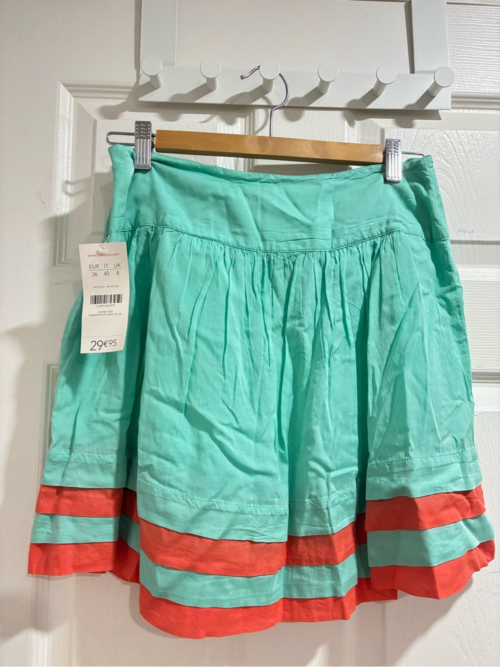 Mint Green and Coral Stripe Cotton Skirt size S UK 8